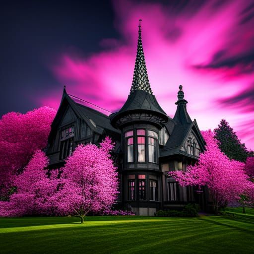 Gothic House with Neon Pink Accents in HDR