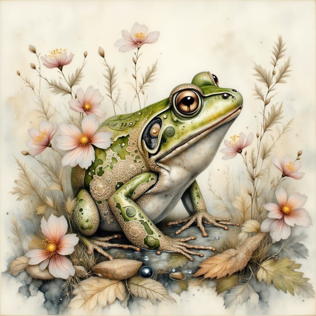 Watercolor Frog in Misty Nature with Lace Textures