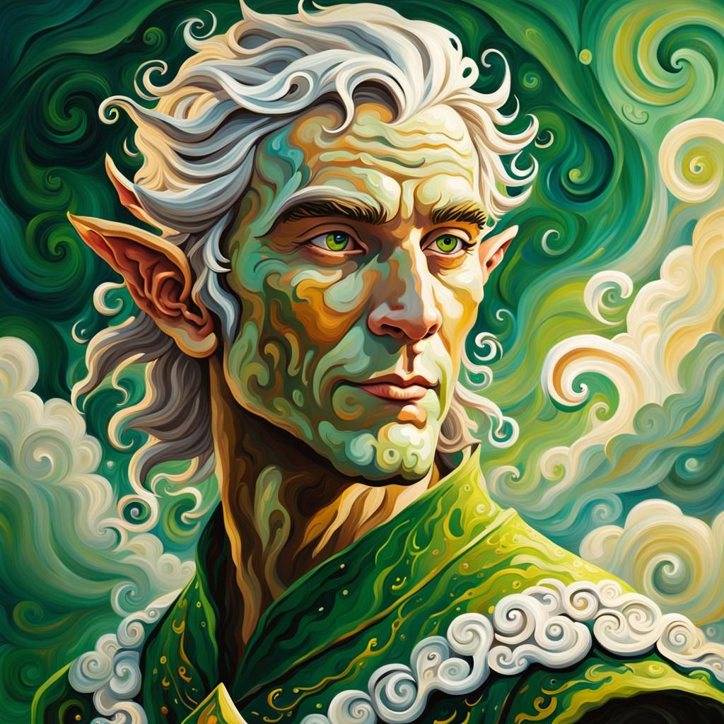 Elf in Swirling Clouds, Acrylic Palette Knife Painting
