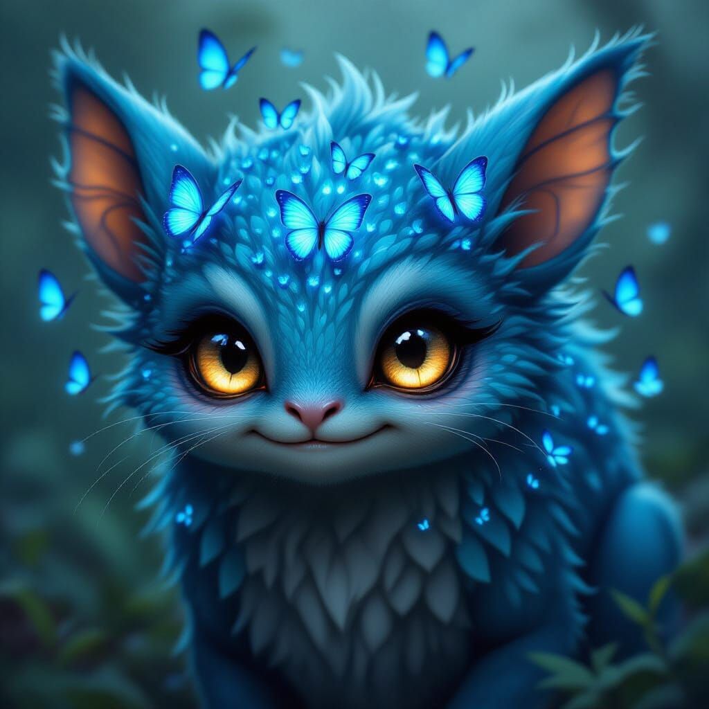 Mystical Folklore Creature with Glowing Eyes and Butterflies