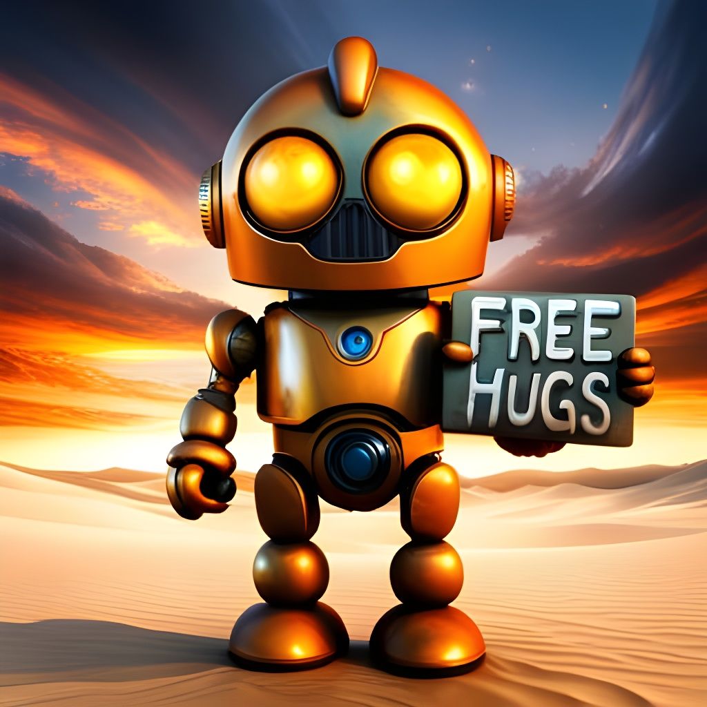 Adorable Robot Offers Free Hugs in Desert Landscape