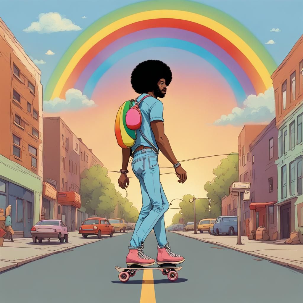 Groovy Skater with Afro and Rainbow Sky