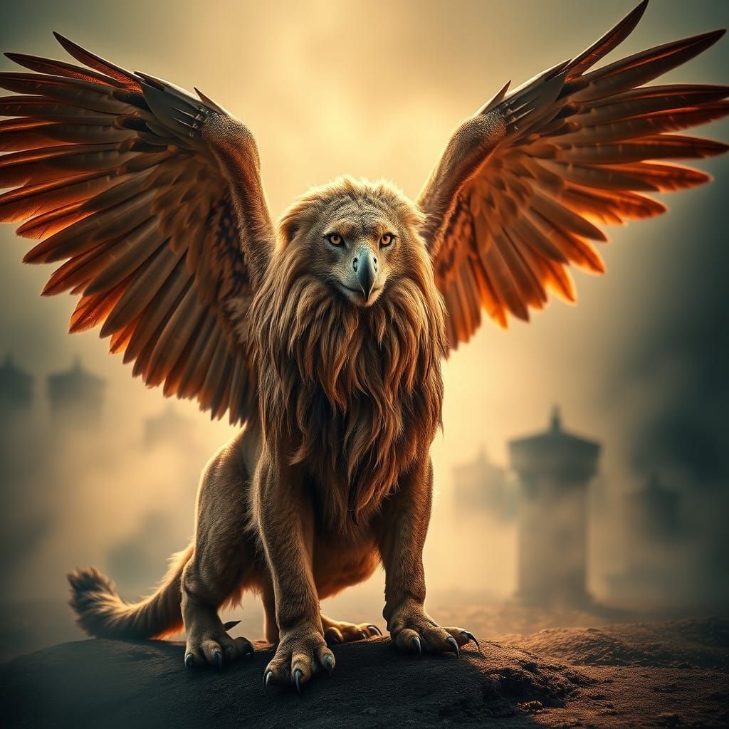 Regal Lion Eagle Hybrid Soars in Misty Landscape