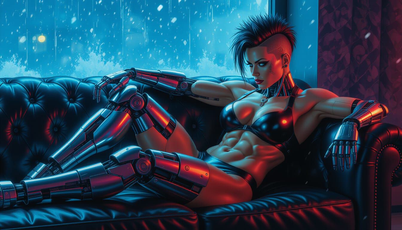 Cyberpunk Bodybuilder with Mechanical Limbs in Oil Painting