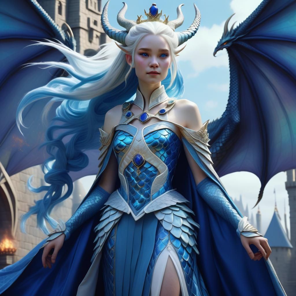 Regal Dragon Queen with Sapphire Eyes, as Oil Painting