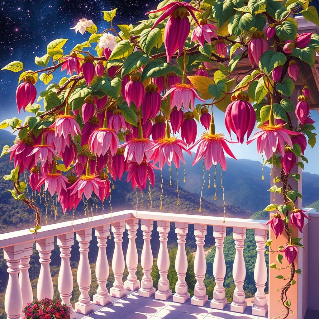 Passion Flowers Cascading Down: Astral Cosmic Illustration