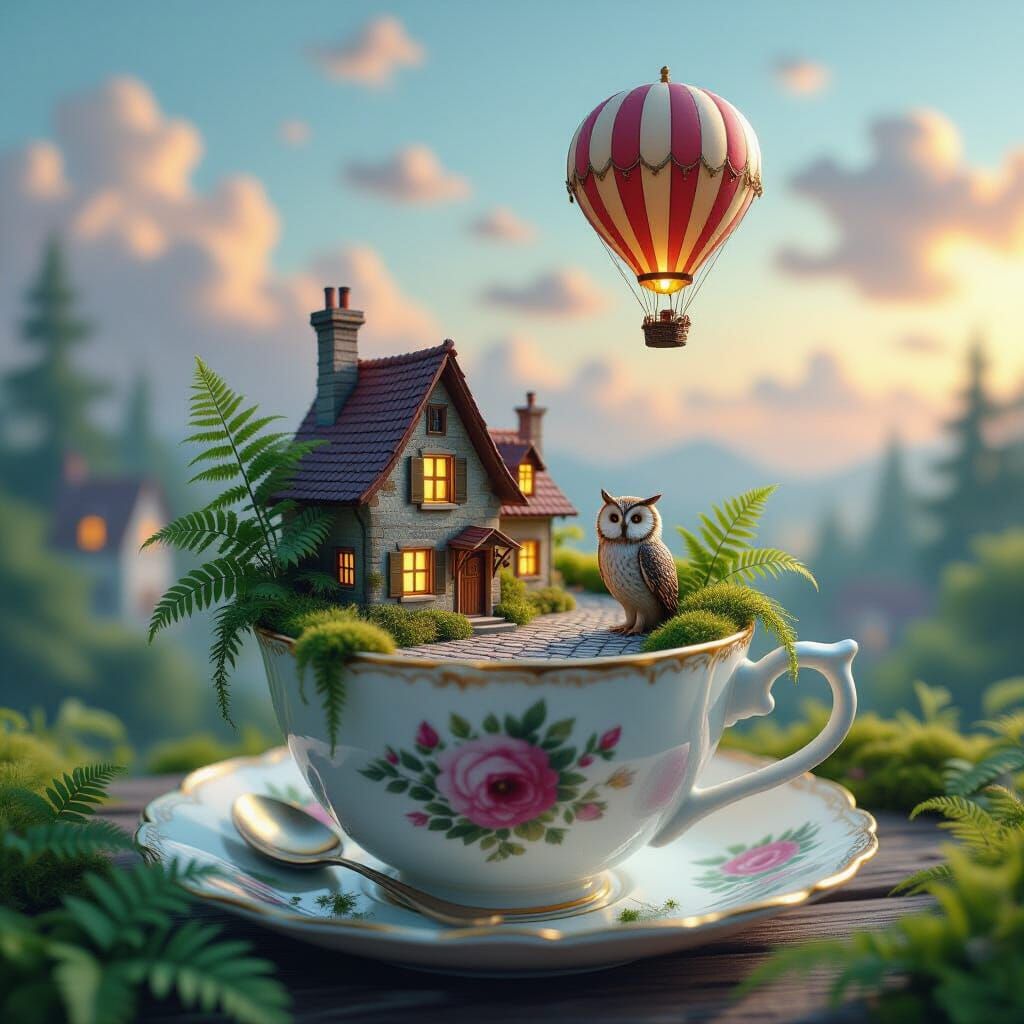 Miniature City in Teacup, Hyperrealistic Painterly Style