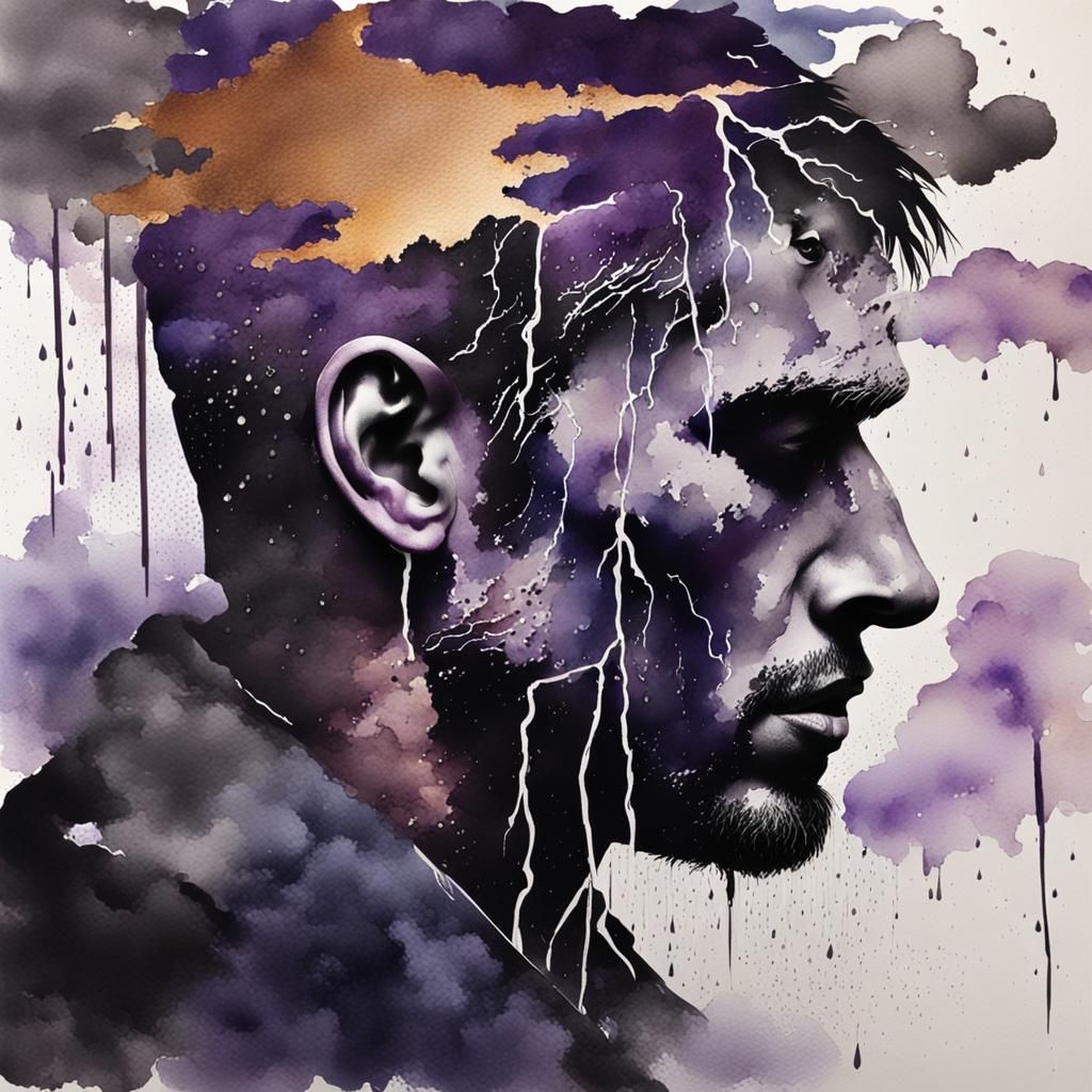 Moody Watercolor Landscape with Lightning