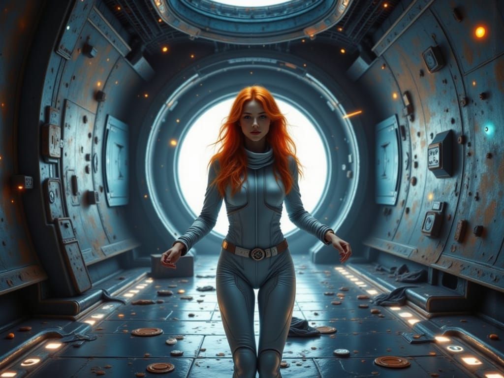 Astronaut with Orange Hair in Spaceship, Realistic Detail