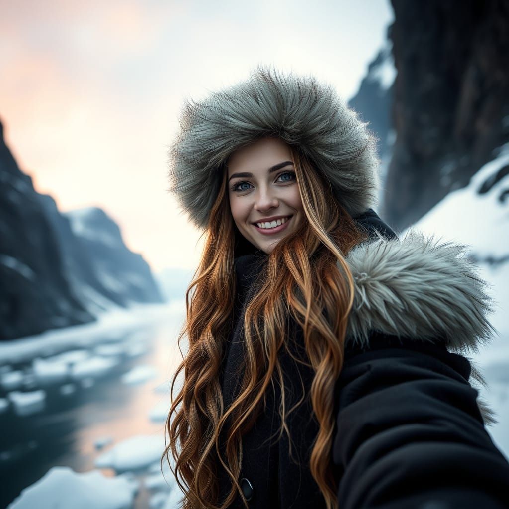 Surreal Woman Strolls through Icelandic Fjord in Winter Wond...
