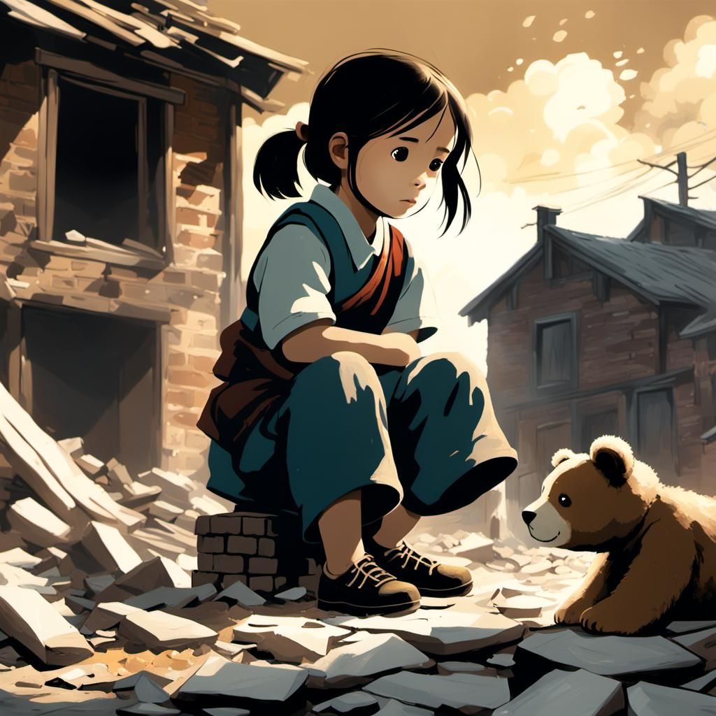 Girl Reaches for Teddy Bear in Rubble, Oil Painting