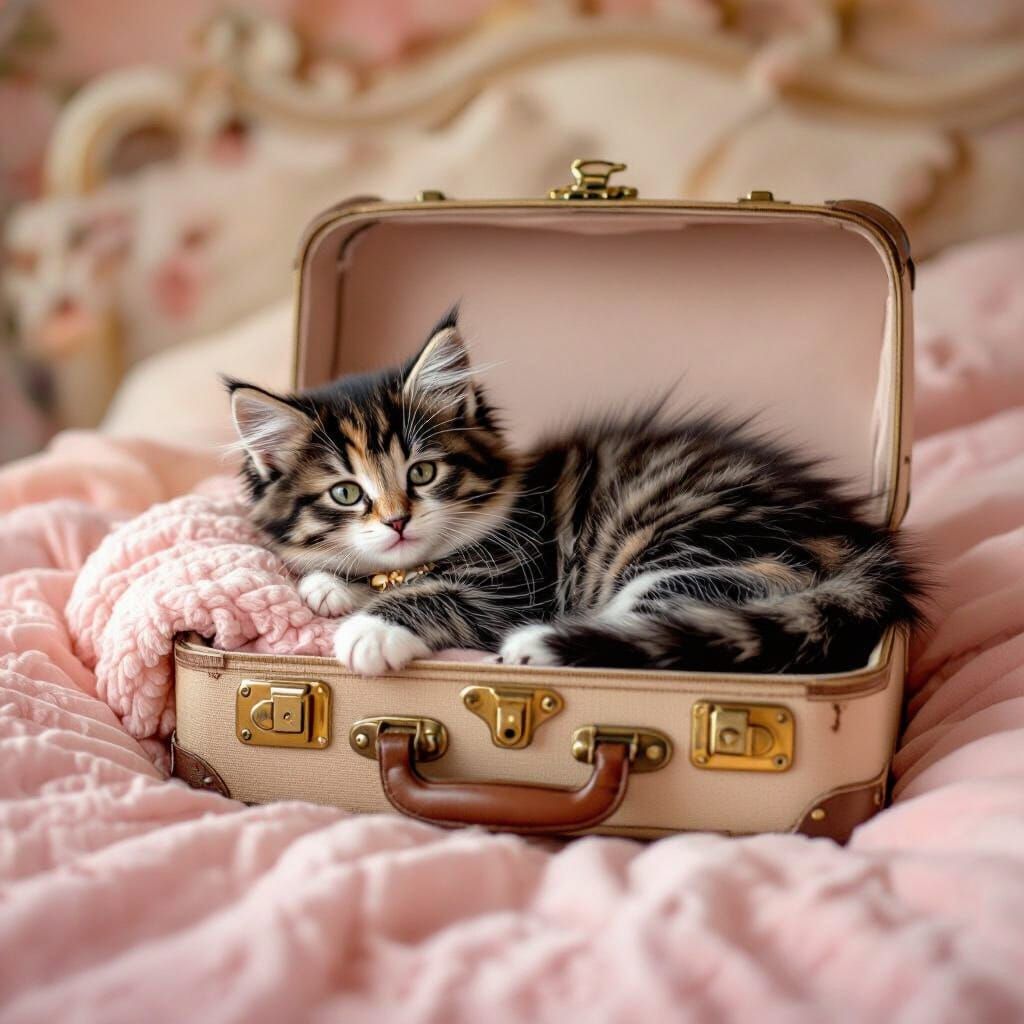Tabby Kitten Napping in Suitcase, Dreamy Painting