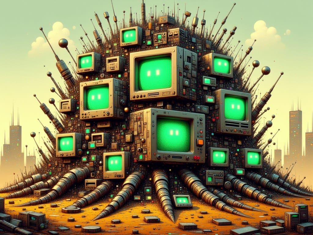 Cyberpunk Android Emerges from Retro Tech Mound