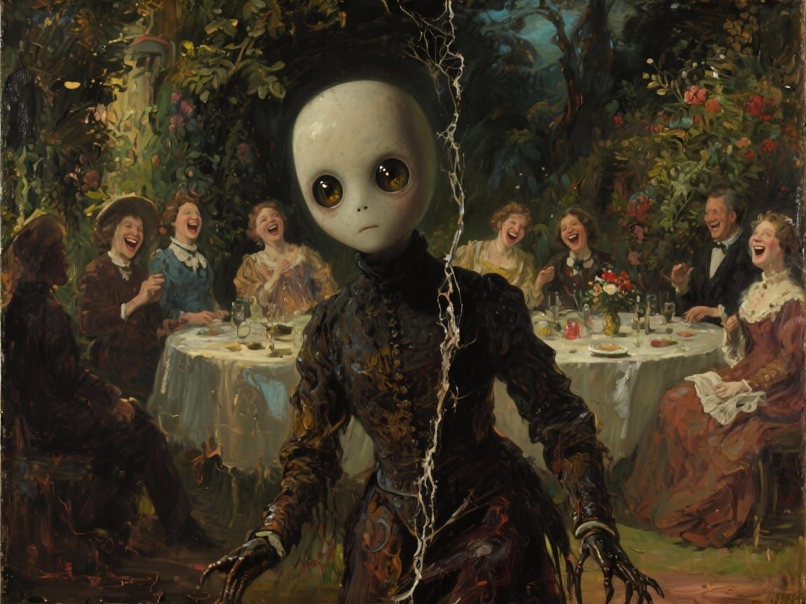 Surreal Horror Garden Party: Figure Emerges from Oil Paintin...