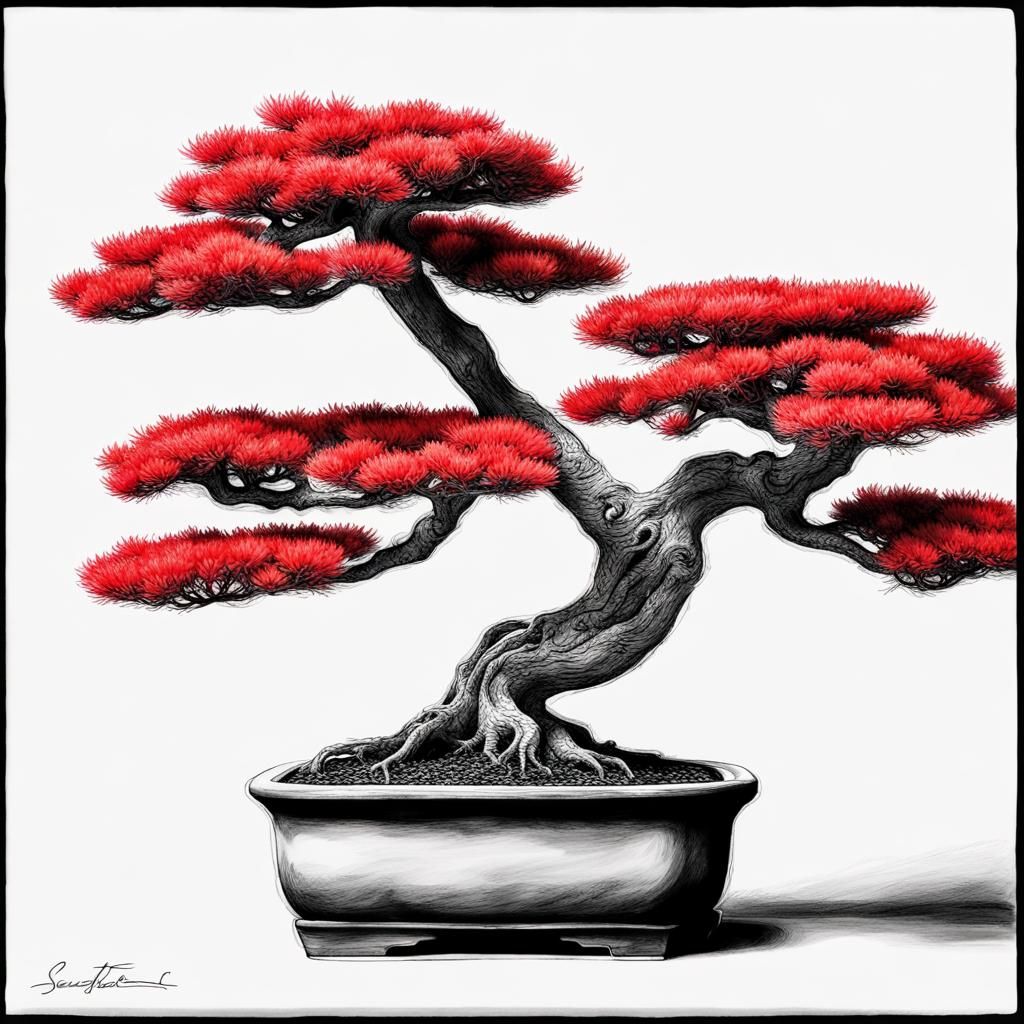 Red Bonsai Tree in Selective Color Sketch