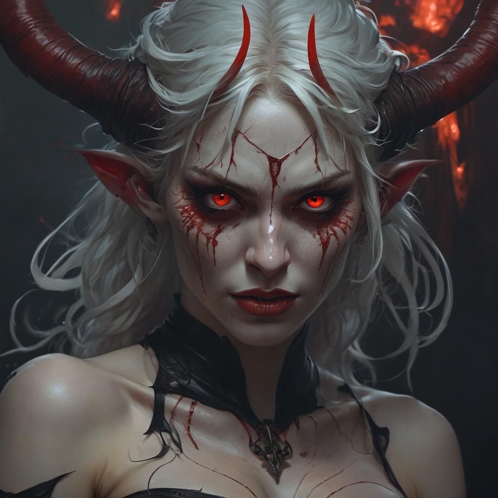 Demonic Woman Portrait with Red Eyes in Dark Fantasy Style