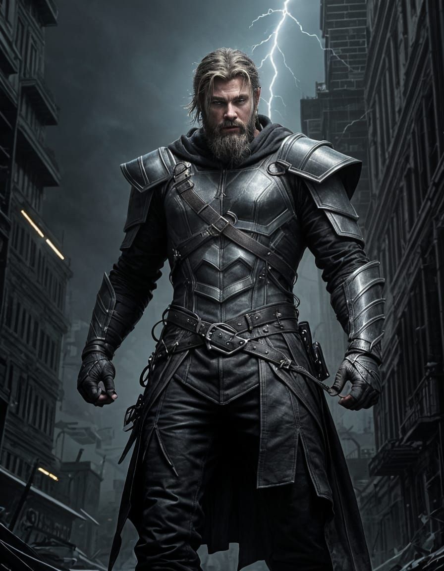 Thor, God of Lightning in Ruined City