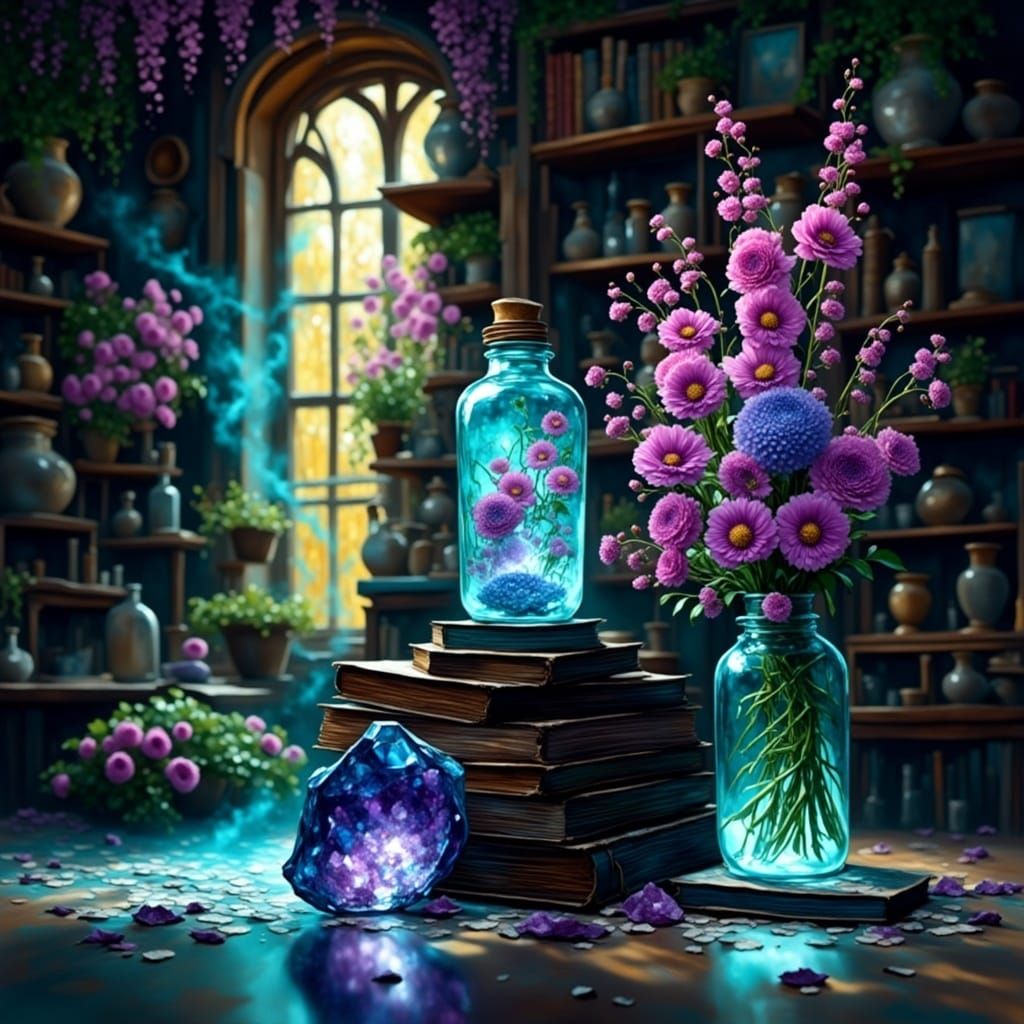 Whimsical Wizarding Laboratory in Enchanted Golden Light