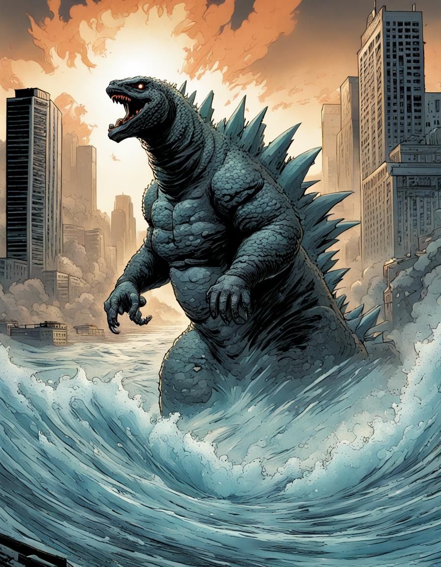 Godzilla Emerges: Comic Book Style Cityscape