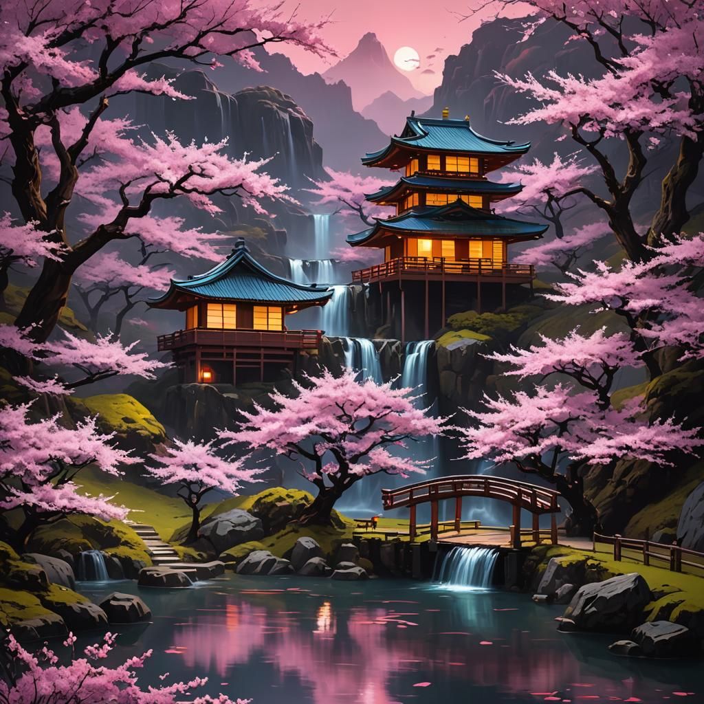 Cyberpunk Teahouse Waterfall with Cherry Blossoms