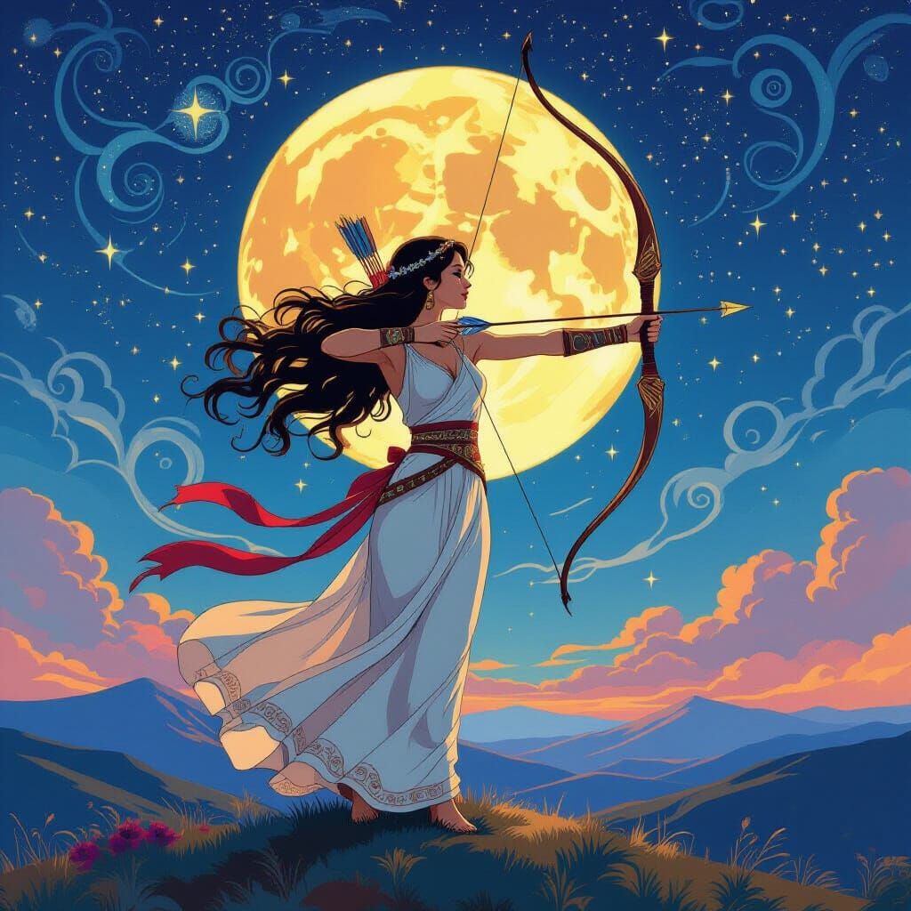 Sagittarius Woman with Bow on Windy Hilltop