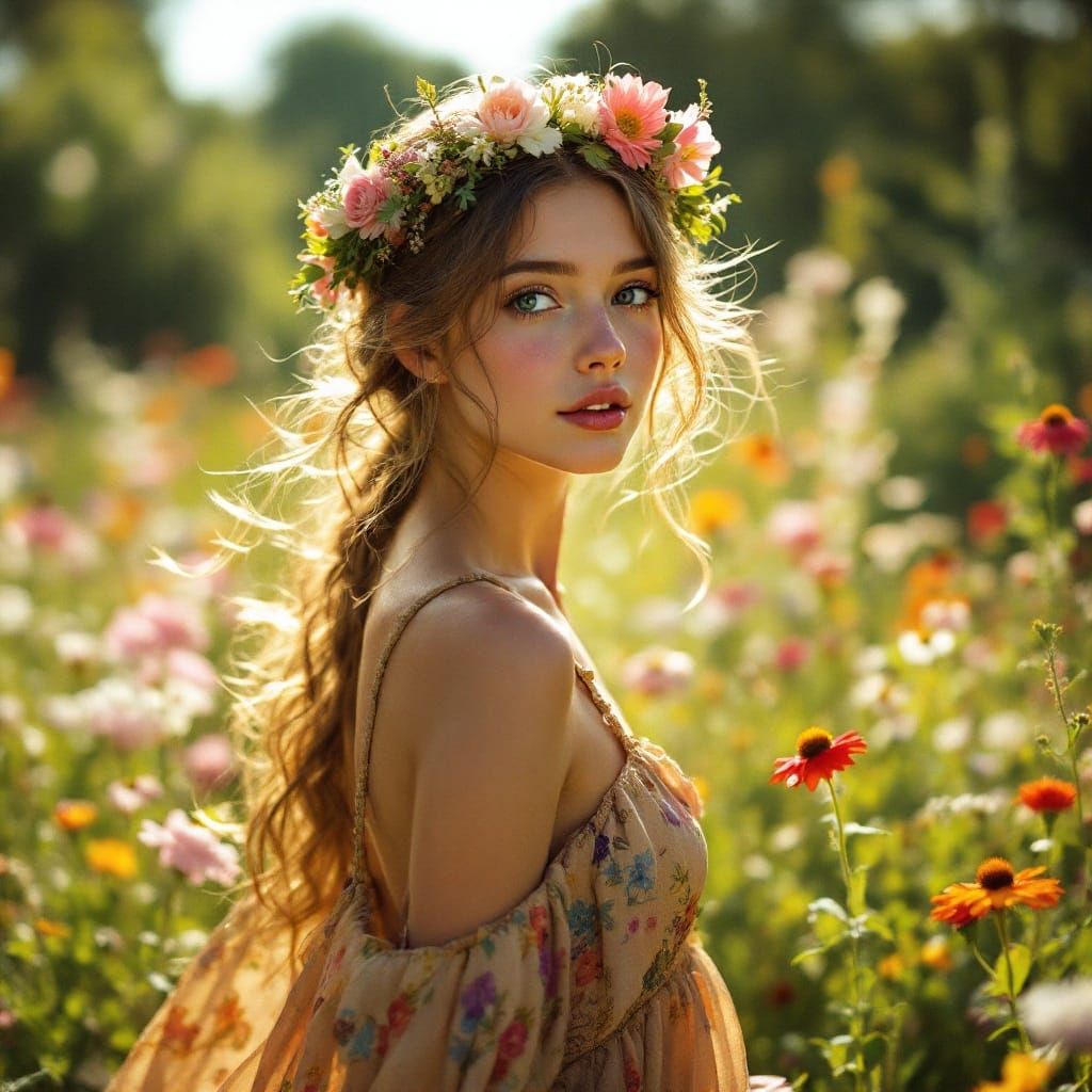 A Young Bohemian Girl Amidst a Vibrant Wildflower Meadow