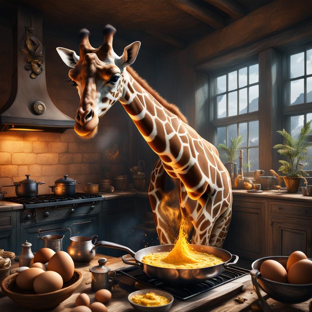 Giraffe Chef Cooking Eggs in Detailed Art