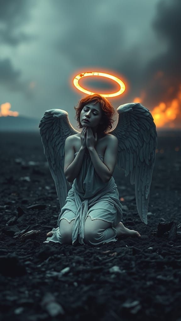 Fallen Angel in Desolate Landscape