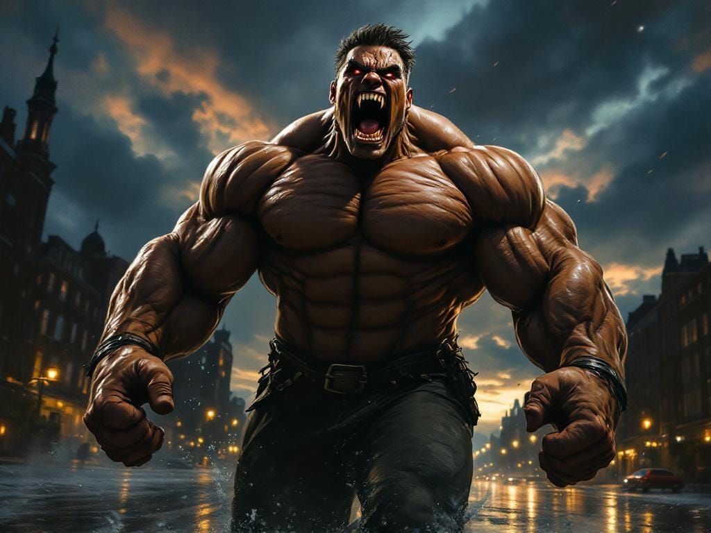 Muscular Man Walks Through Dark City Street