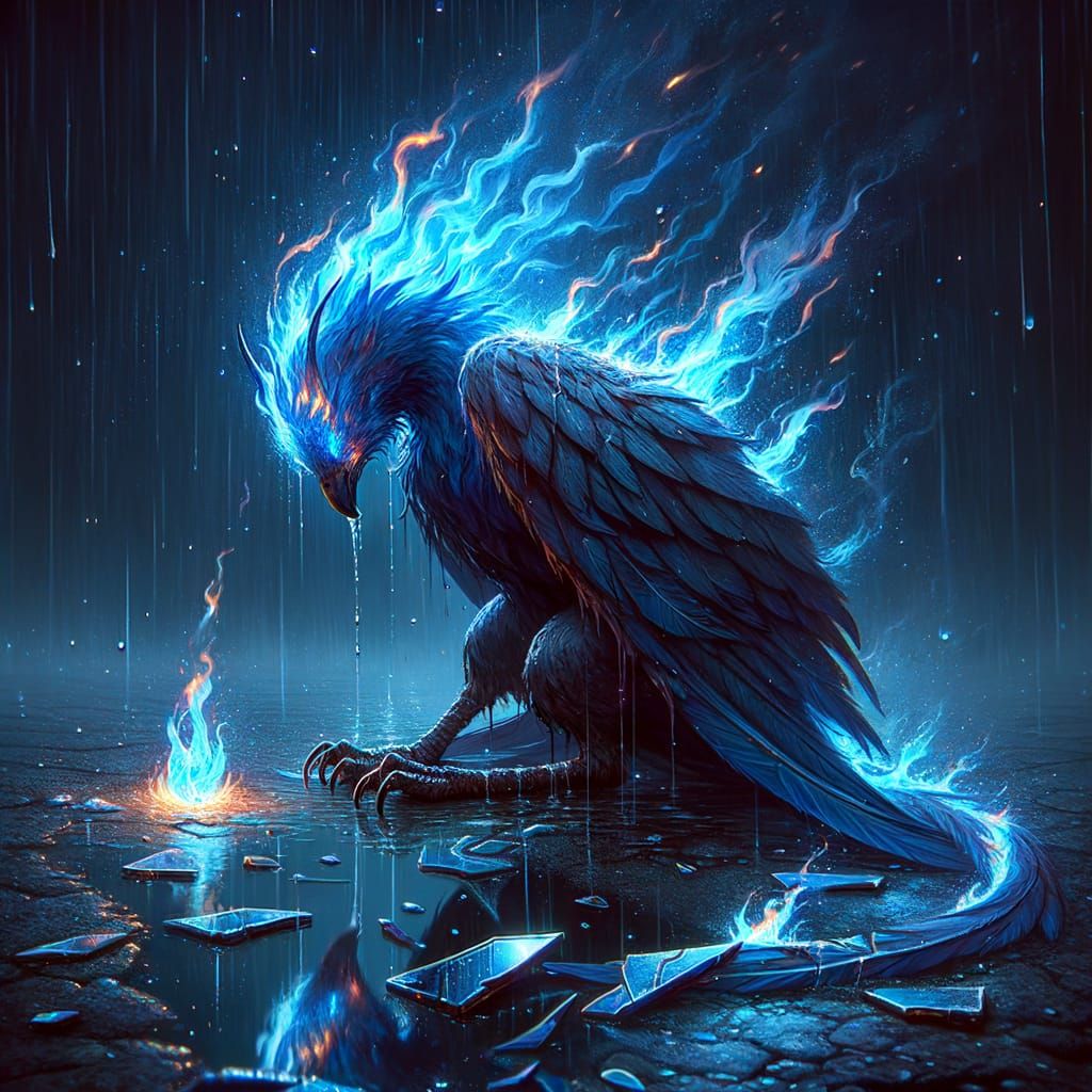 Majestic Phoenix in Rainy Despair, Resilient Blue Flames