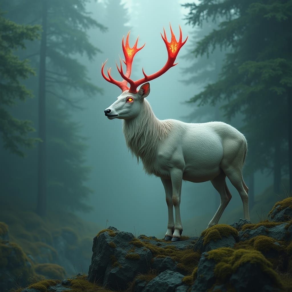 White Deer with Neon Horns in Misty Forest