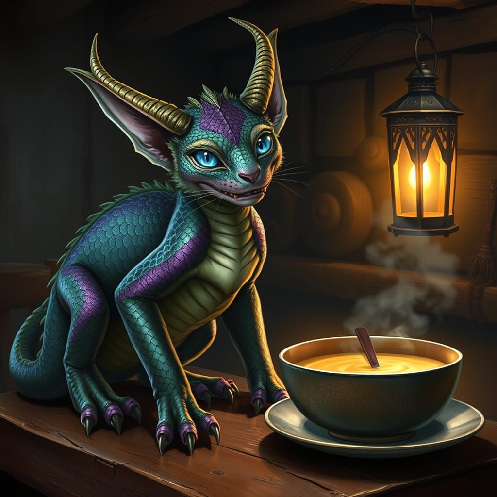 Majestic Dragon Cat Hybrid in a Moody Tavern Scene