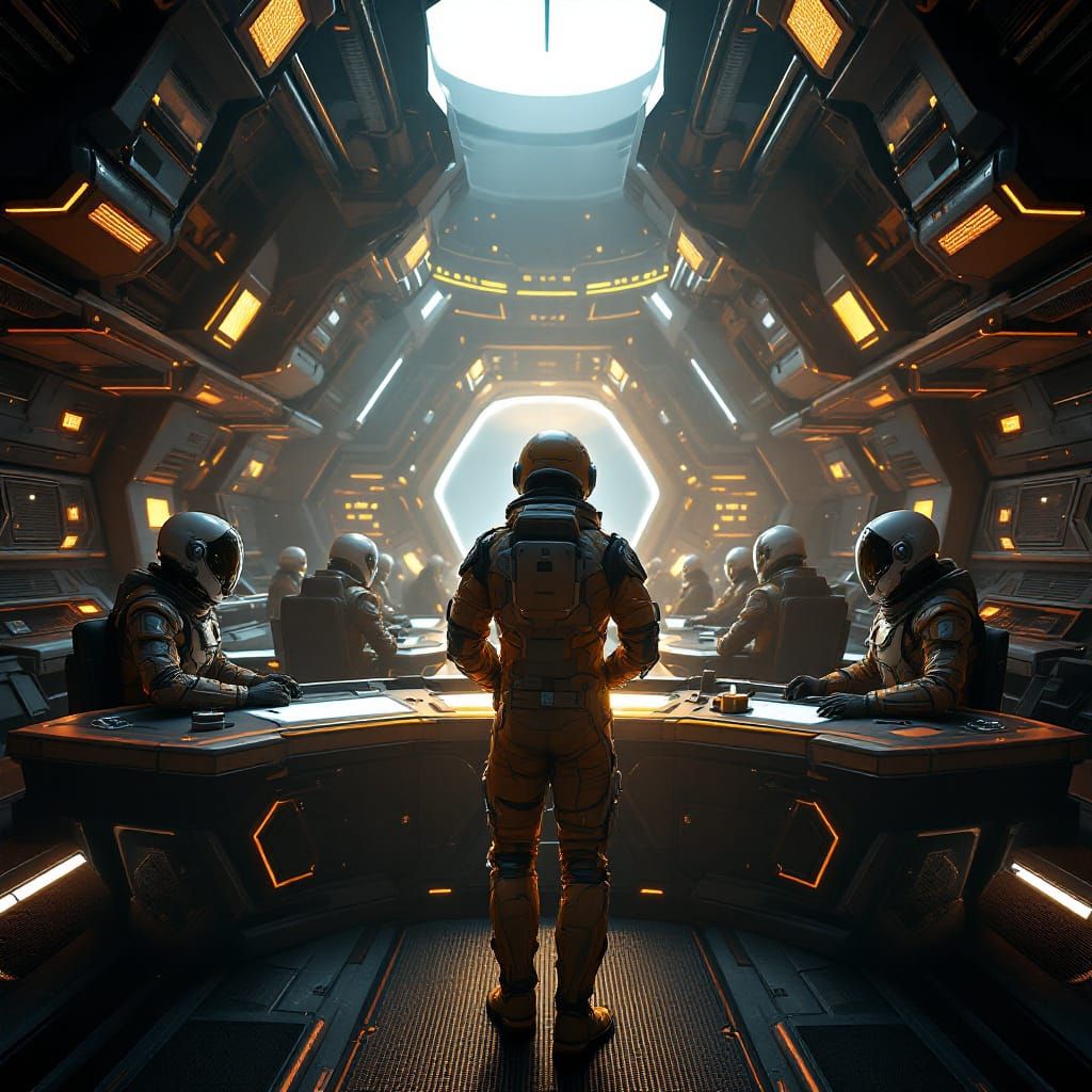 Astronauts on Sci-Fi Spacecraft Bridge in Cinematic Lighting