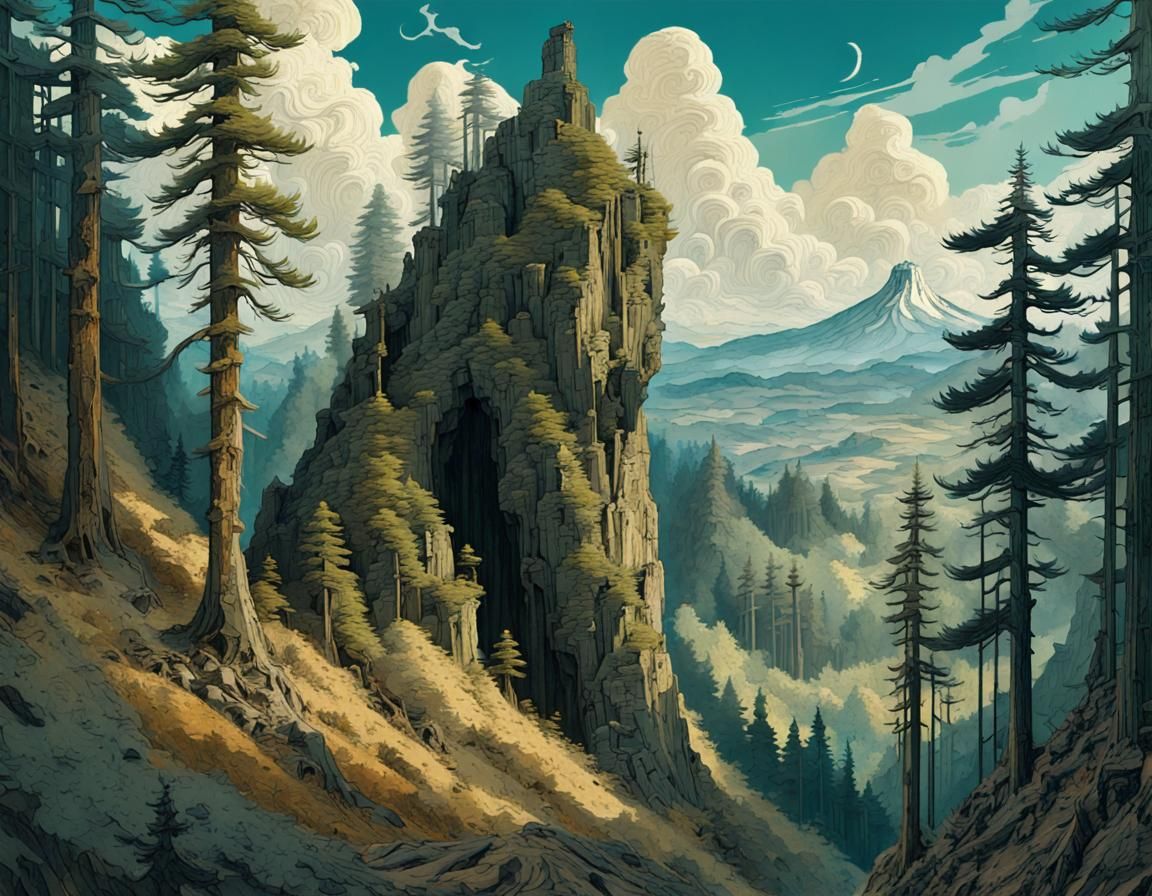 Oregon Forest Mountain View with Ancient Monument