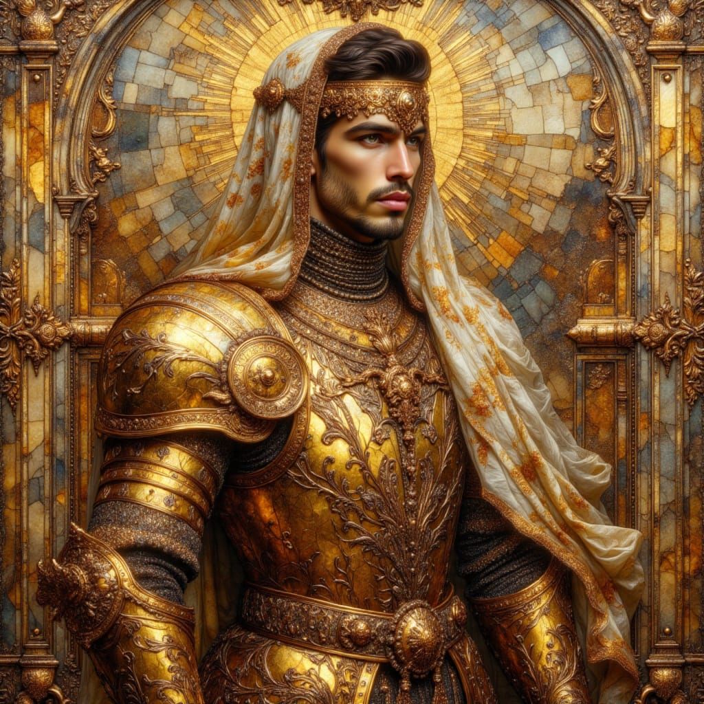 Arabian Knight in Gold Armor: Impasto Oil Painting