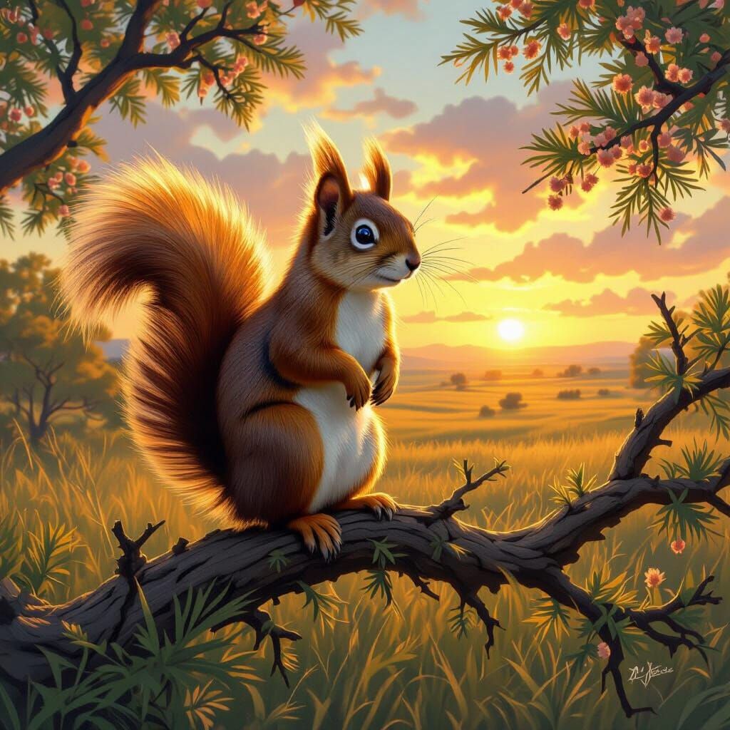 Squirrel Overlook: Digital Painting in Art Nouveau Style