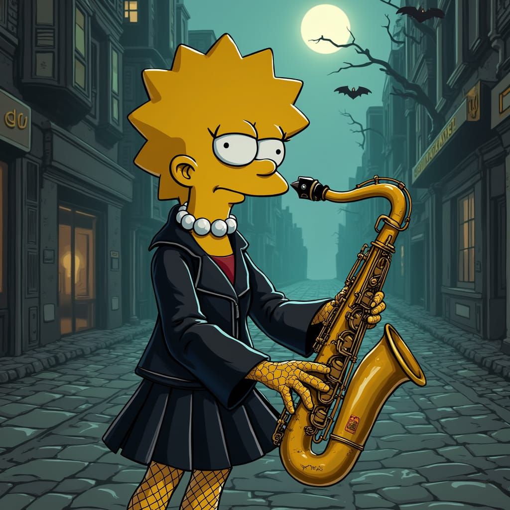 Lisa Simpson in Dystopian Macabre Scene with Saxophone