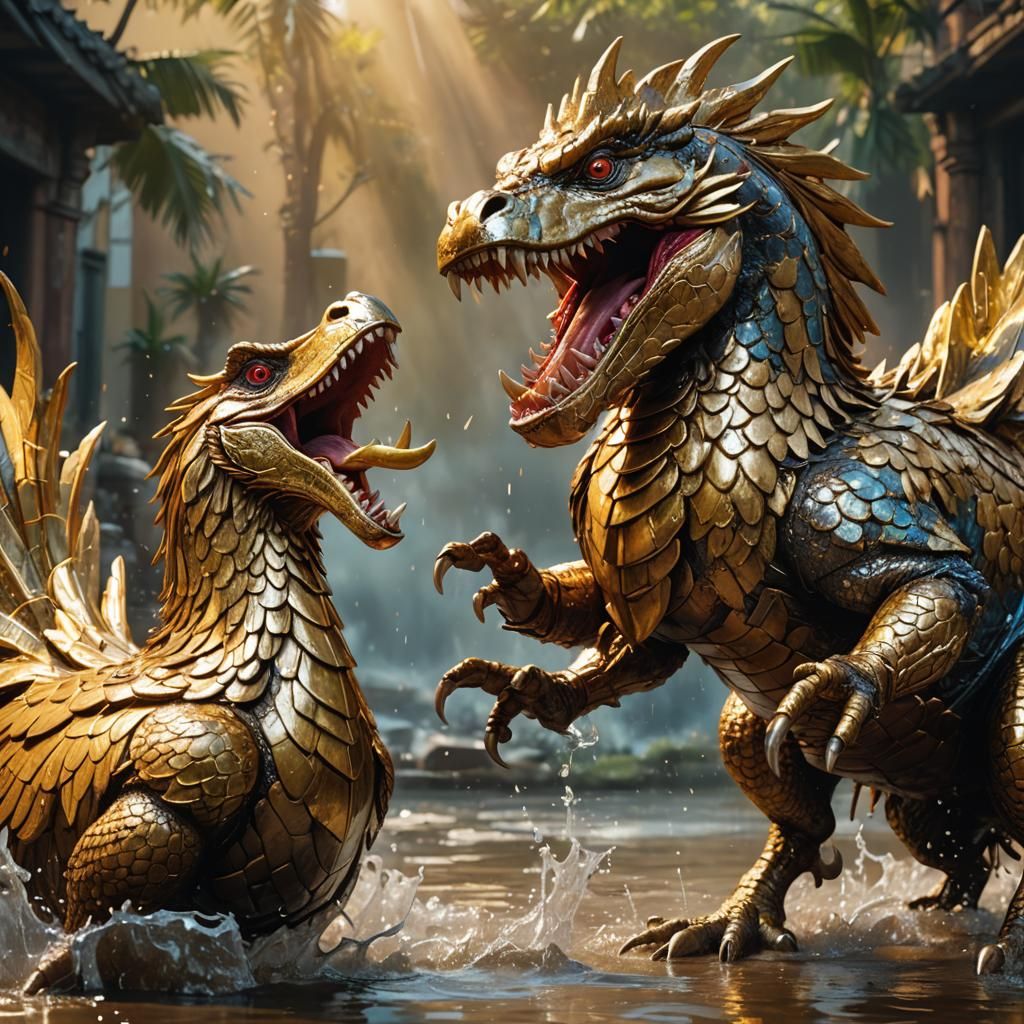 Iron Rooster vs Golden Crocodile in Splash Art Style