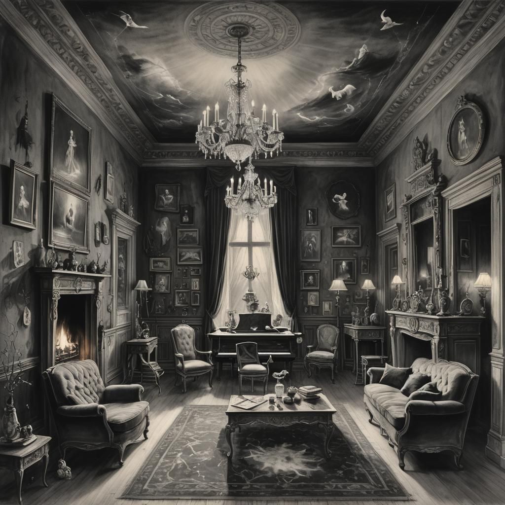 Ghosts' Moonlit Concert: Hyperdetailed Charcoal Drawing