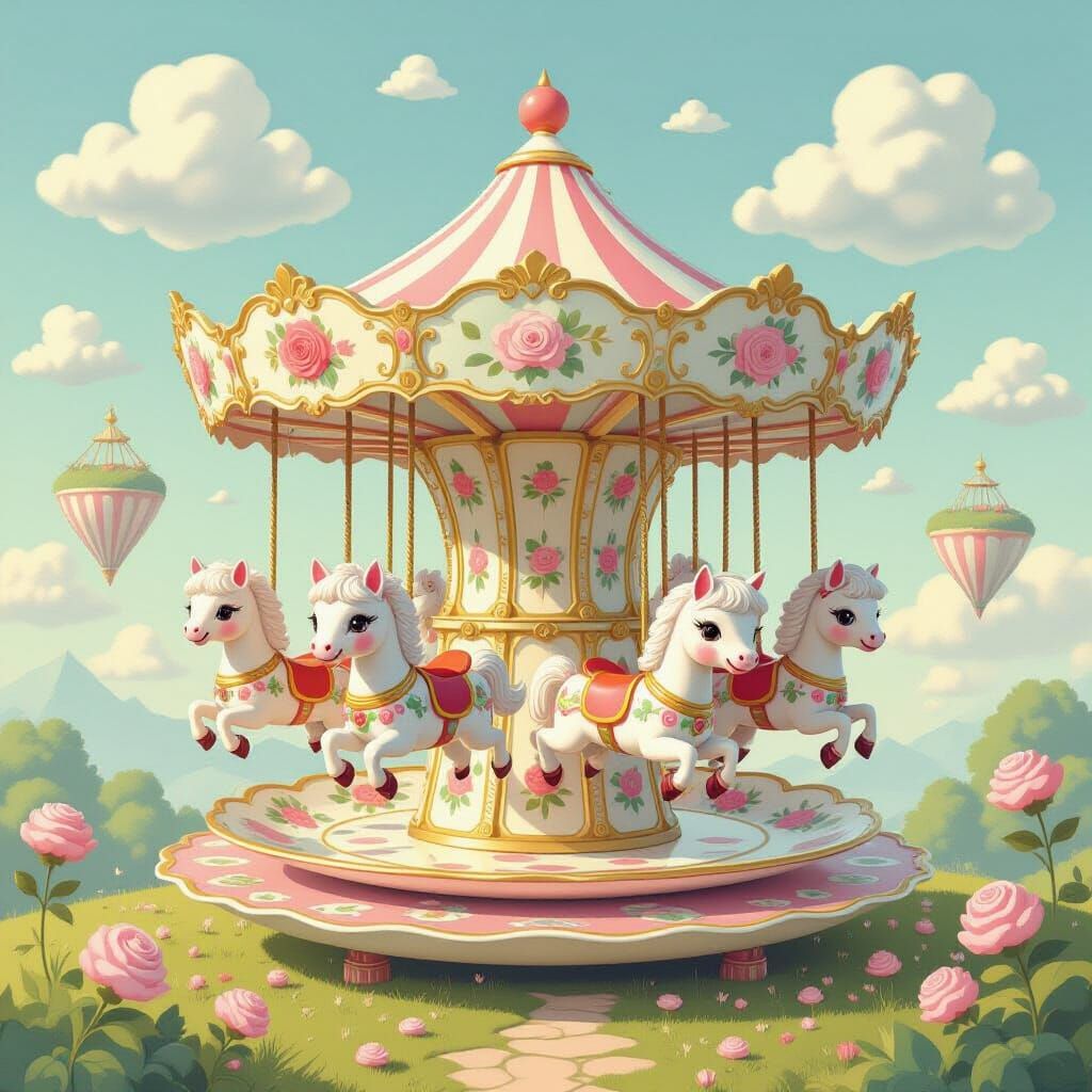 Whimsical Teacup Carousel in Surreal Dreamscape