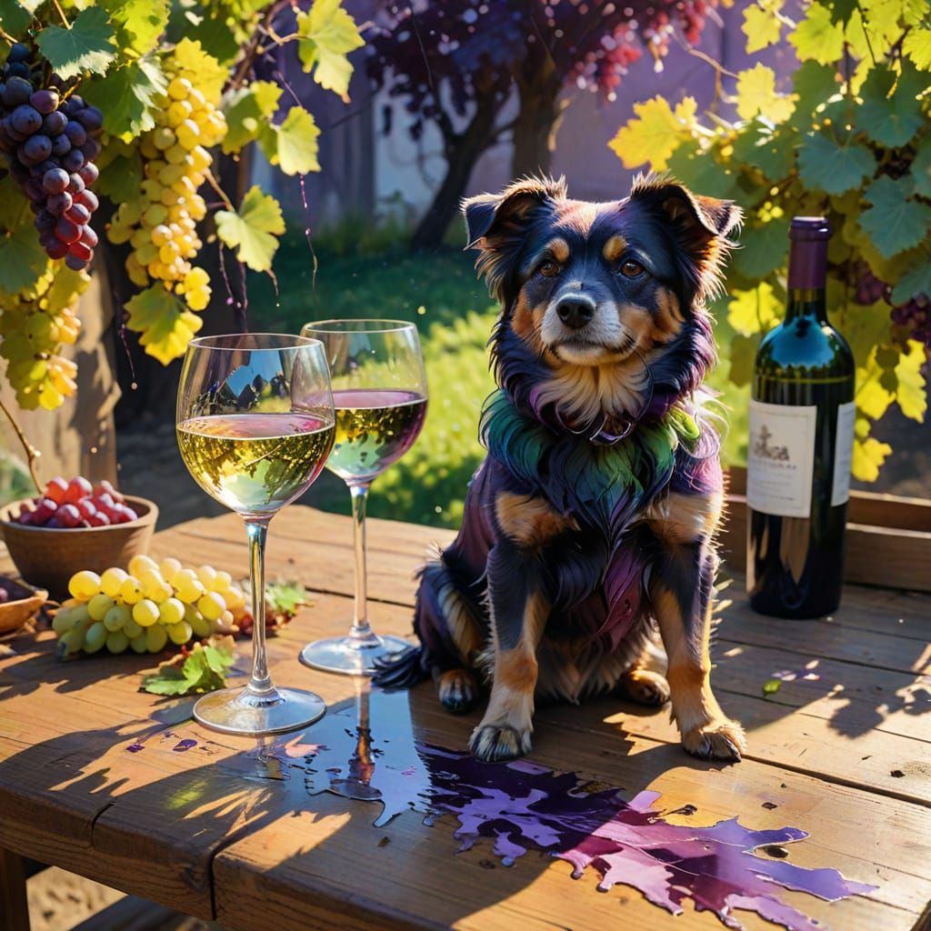 Whimsical Watercolour Farmhouse Scene with Wine and Dogs