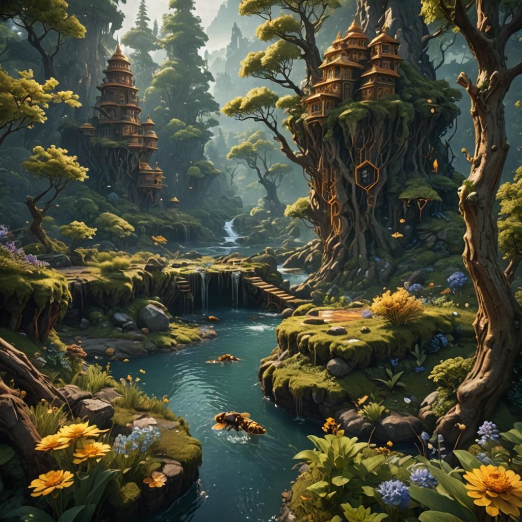 Honey Hive in Forest, Fantasy Concept Art
