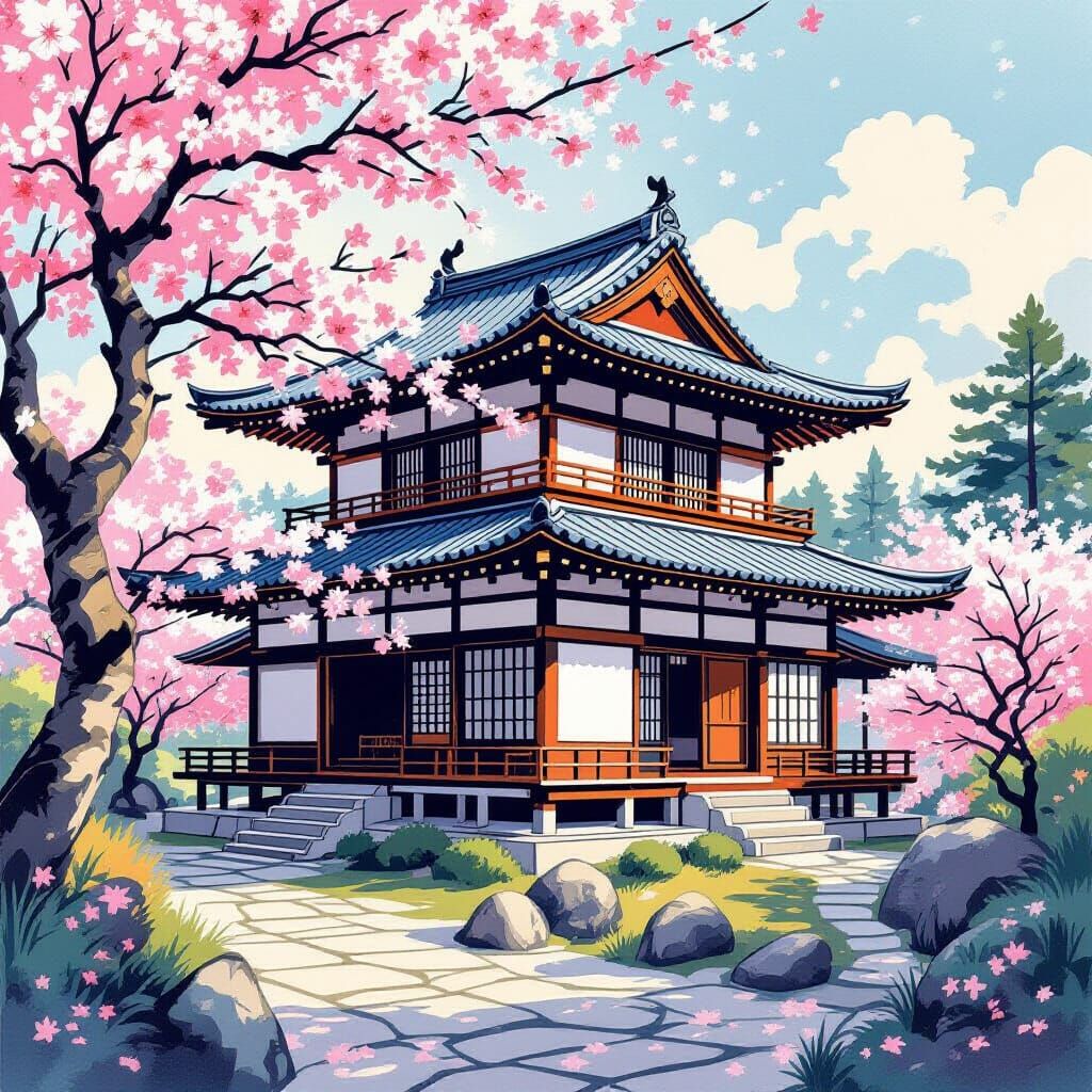 Japanese House Amidst Cherry Blossoms in Ukiyo-e Style