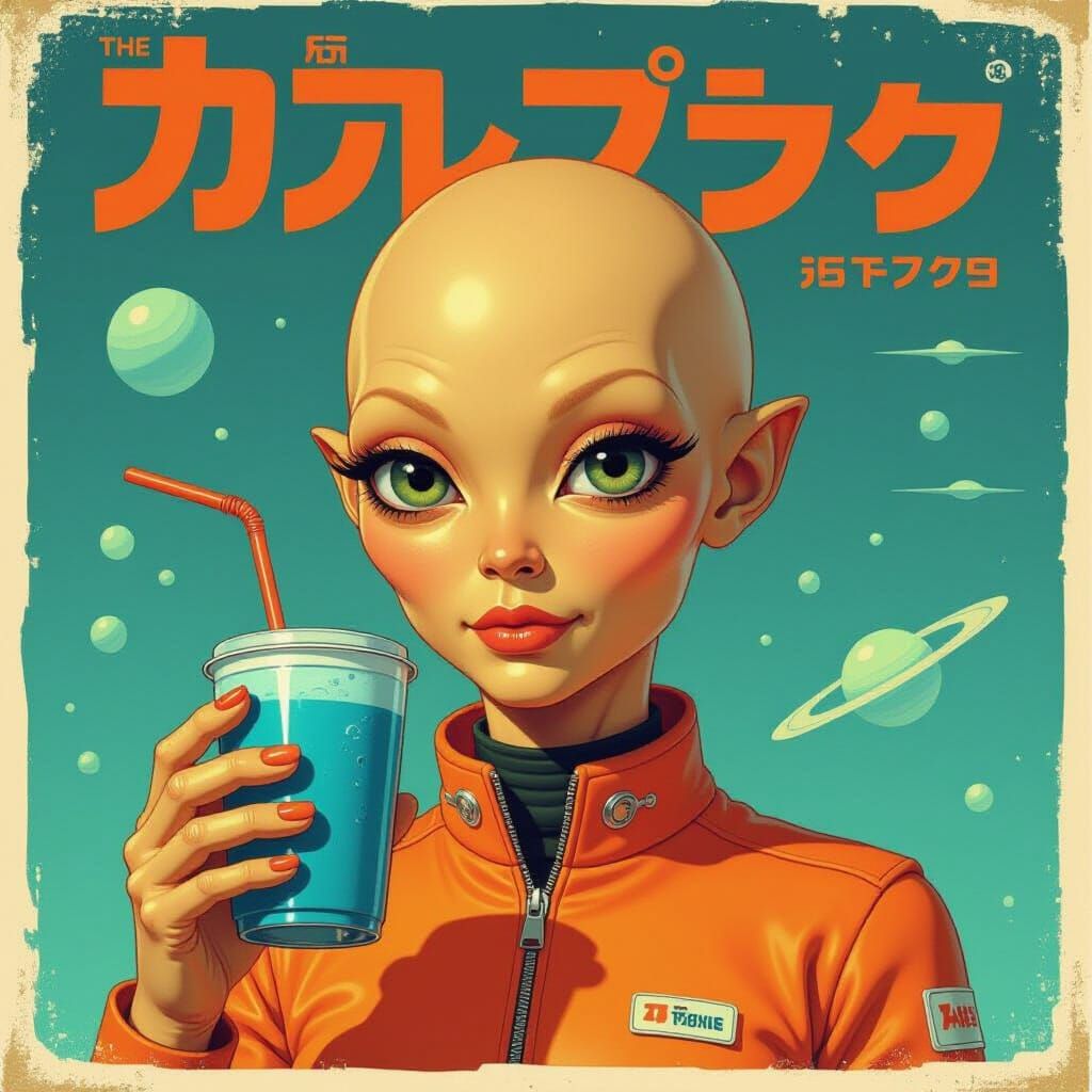 Retro Sci-Fi Alien Holds Blue Drink in Vintage Poster Style