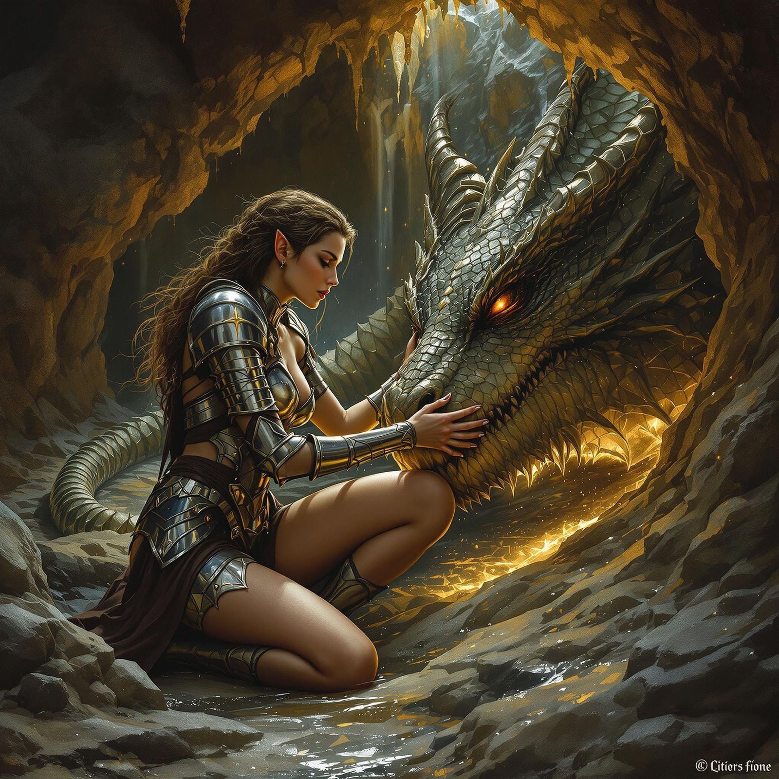 A medieval female knight elf nursing a wounded dragon back t...