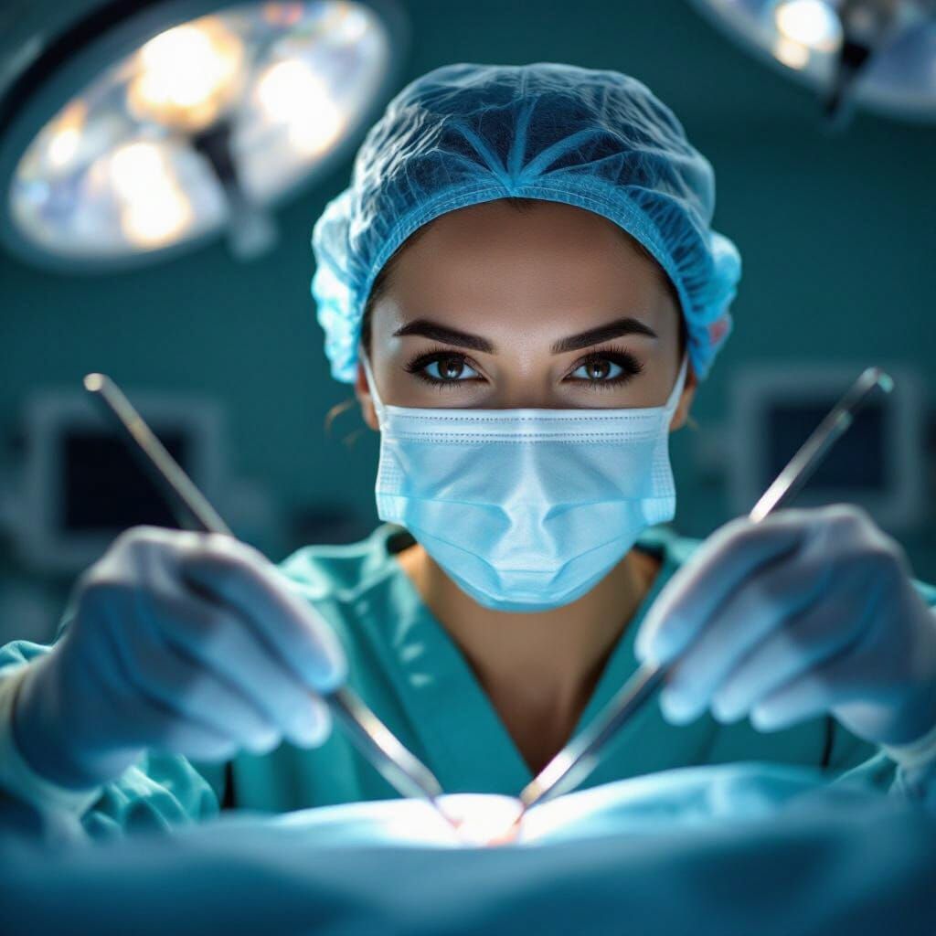 Attractive Surgeon Holds Tools To Camera in Bright Operating...