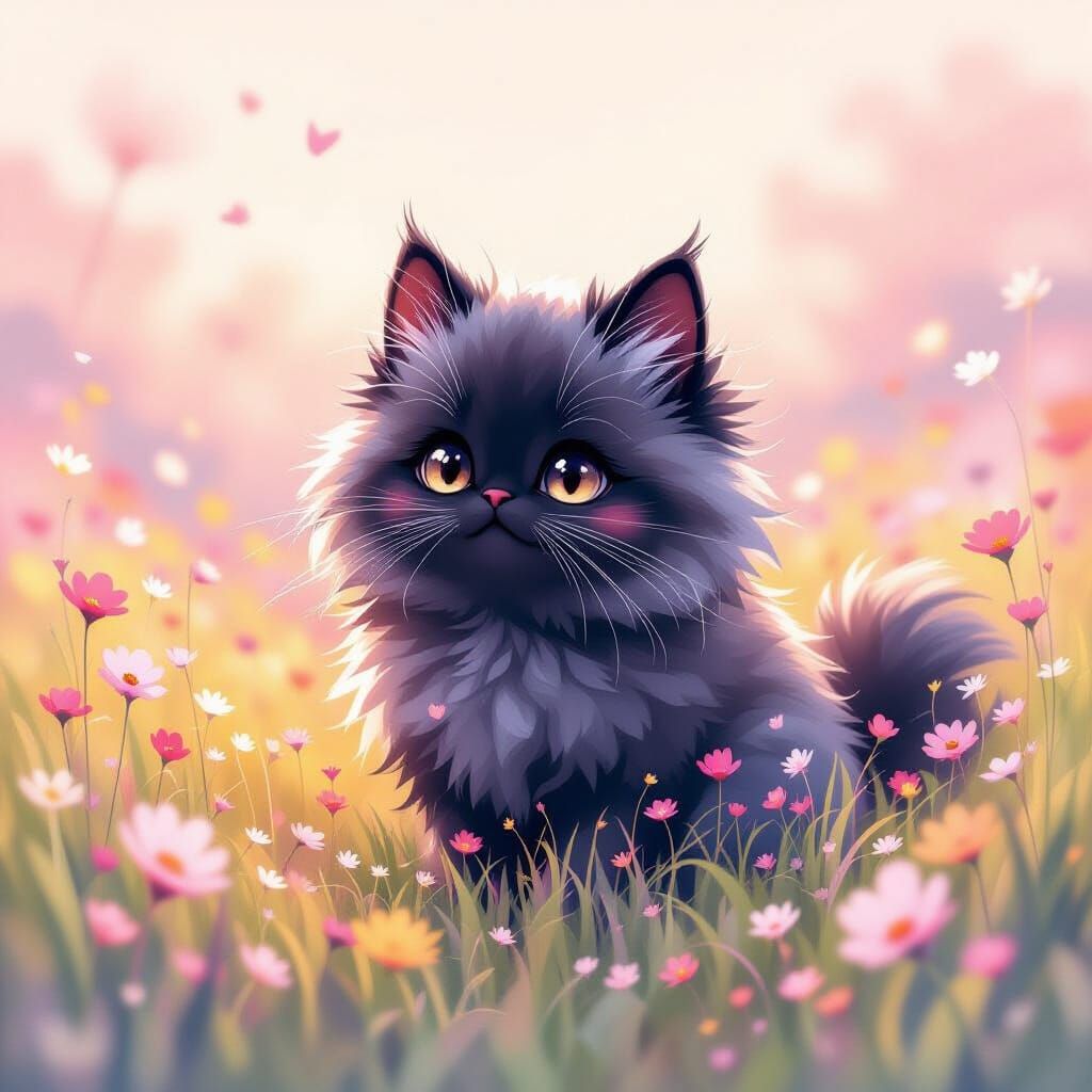 Fluffy Character in Pastel Meadow: Watercolor Textures