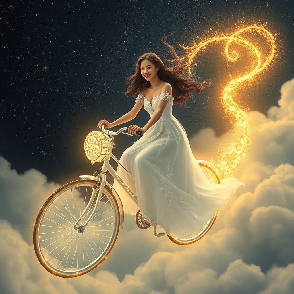 Woman Rides Magical Bicycle Through Starry Clouds
