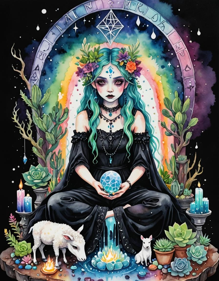 Pastel Goth Demoness Altar in Watercolor Style