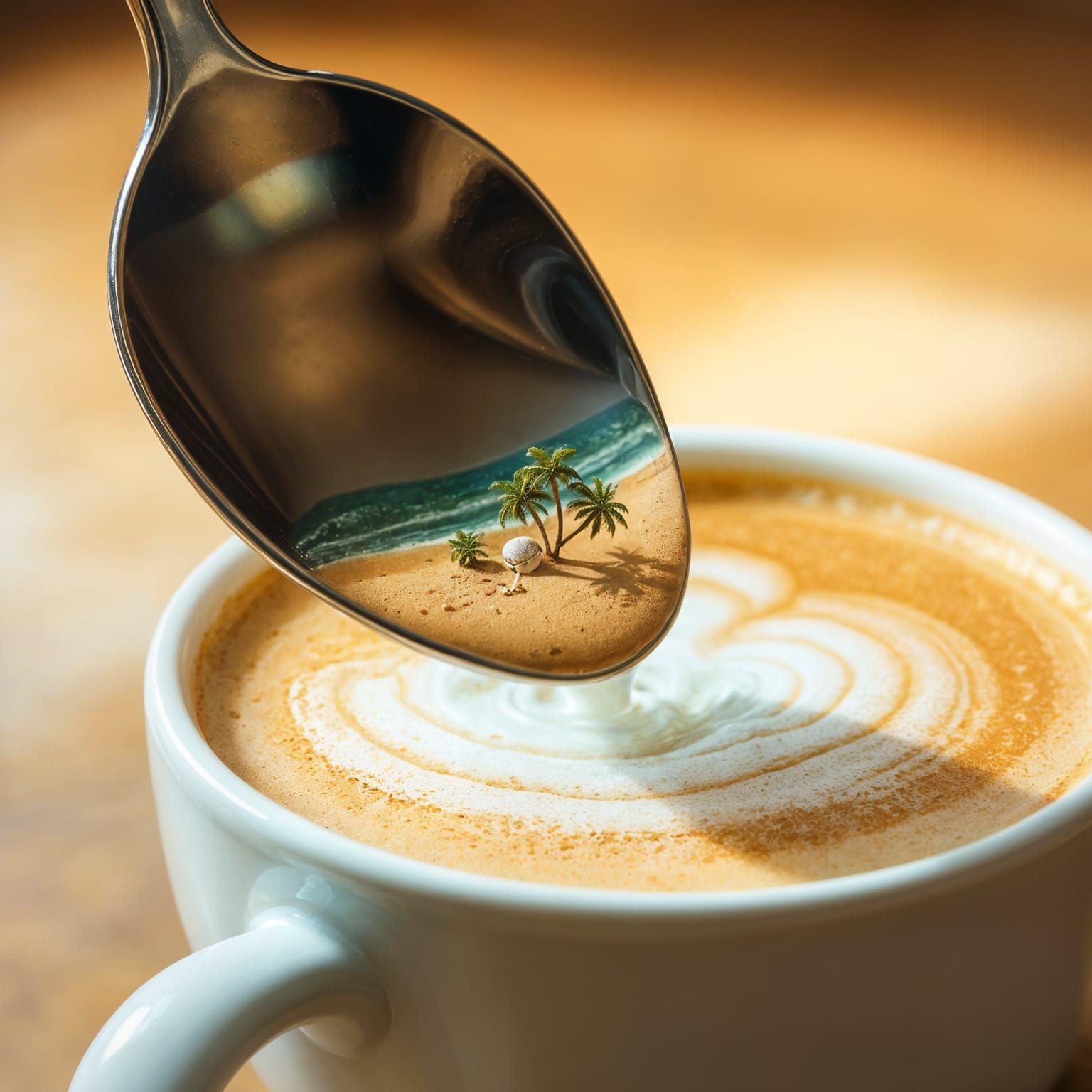 Surreal Coffee Beach Reflection in Metallic Spoon